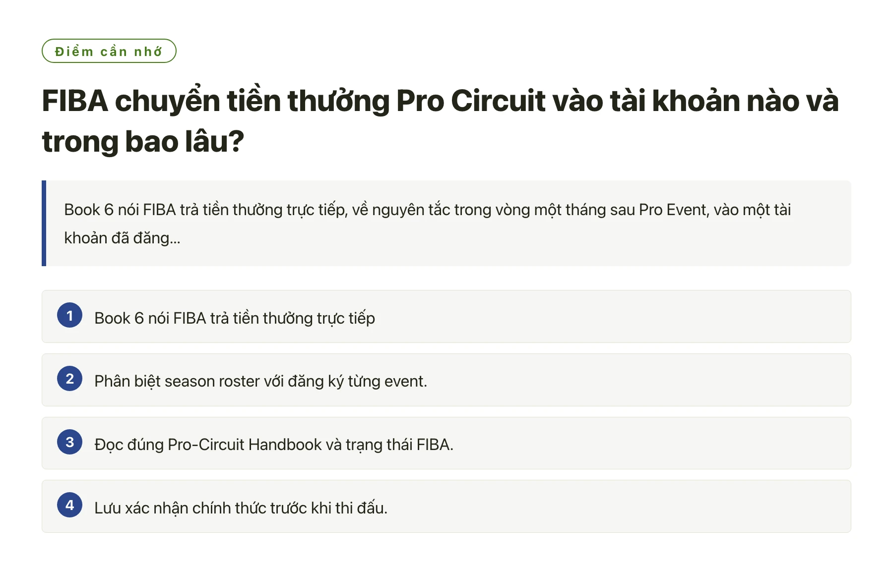 FIBA chuyển tiền thưởng Pro Circuit vào tài khoản nào và trong bao lâu?——全文要点速览