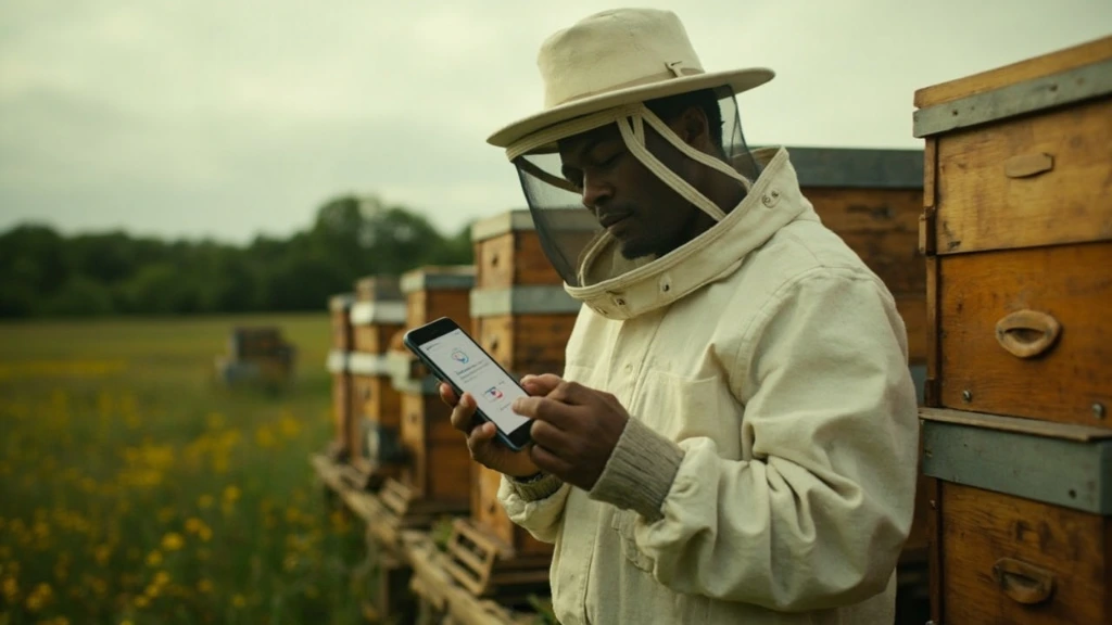 A beekeeper logging an inspection on a phone at a remote hive site with no cell signal